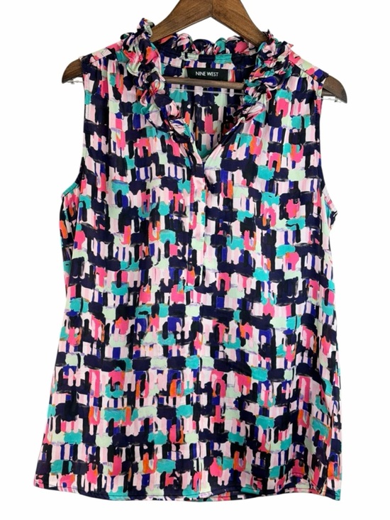 Nine West Tops - Nine West Abstract Print Ruffle Neck Sleeveless Blouse XS Pink Tea